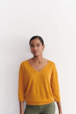 Pull Alicia Col V 100% Lin Jaune Moutarde Femme*CAROLL Store
